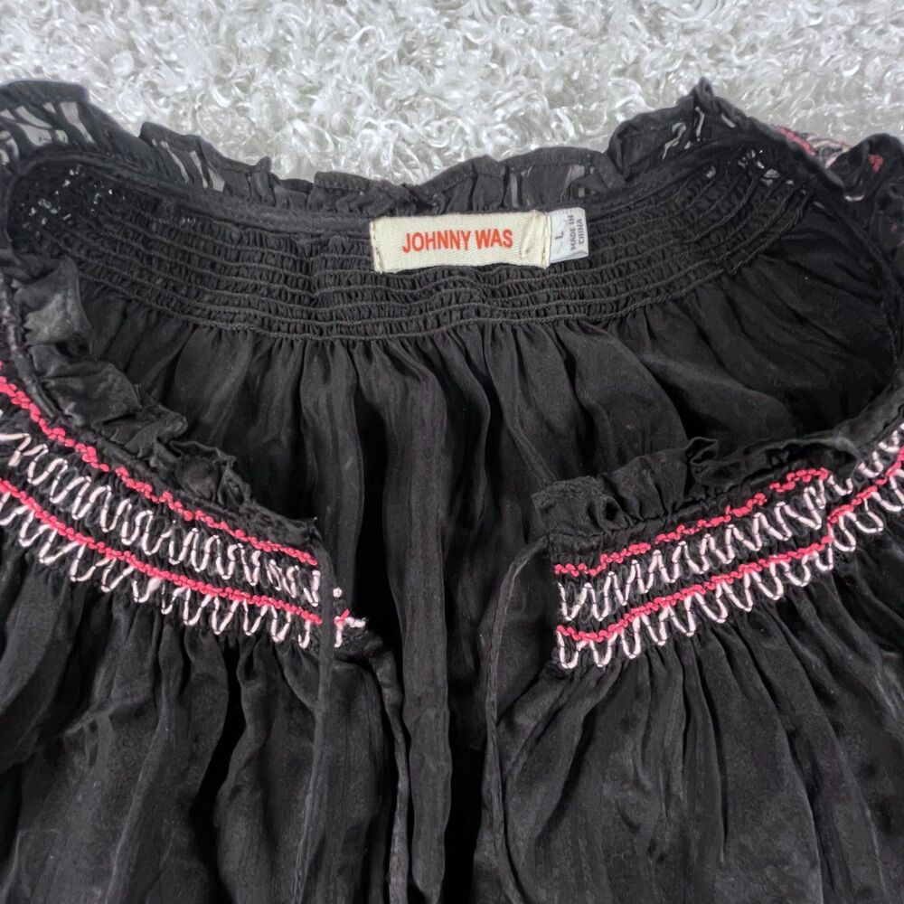 Johnny Was L Silk Zig Zag Embroidered Blouse Black Tassels Boho Peasant Top Luxe - Picture 8 of 14